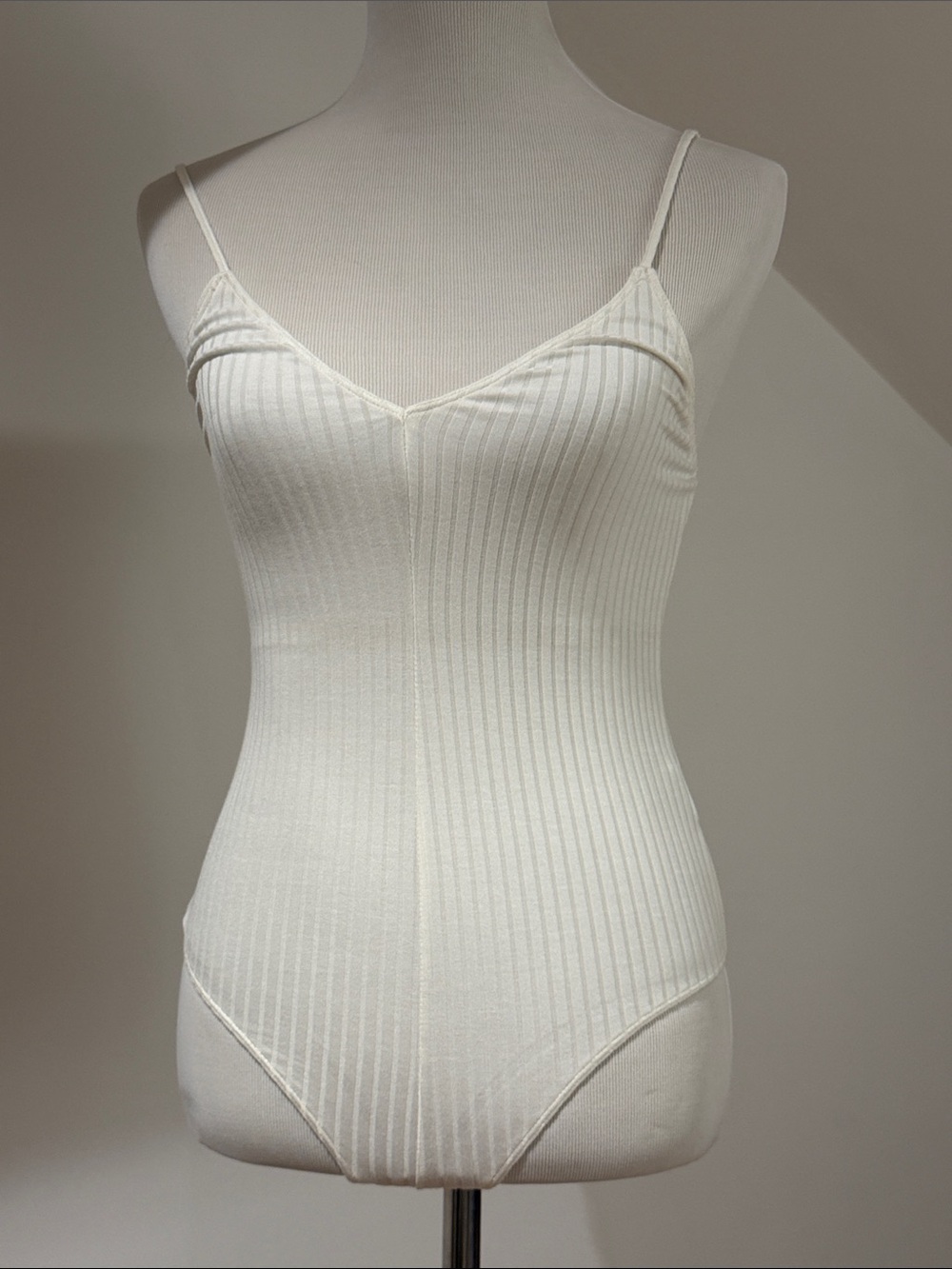 Slim Ribbed V-Neck White Spaghetti-Strap Bodysuit